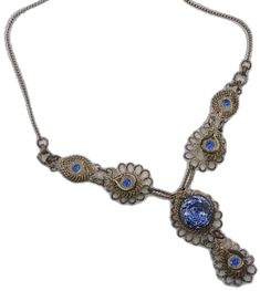 Victorian Blue Filigree Necklace, Ornate Blue Necklace With Intricate Design, Antique Blue Filigree Necklace, Antique Blue Necklace With Intricate Design, Victorian Filigree Necklace For Party, Antique Blue Filigree Jewelry, Antique Blue Jewelry With Filigree, Vintage Blue Necklace For Evening, Blue Filigree Necklace For Wedding