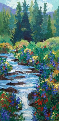 a painting of a stream surrounded by trees and flowers in the foreground, with mountains in the background