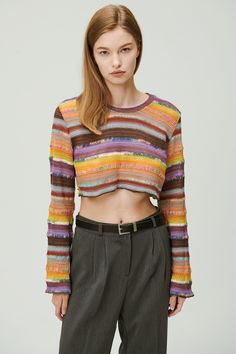 Janet Multi Color Knit Top | Women's Tops | storets Trendy Multicolor Cropped Sweater With Crew Neck, Trendy Multicolor Crew Neck Cropped Sweater, Spring Cropped Textured Knit Top, Spring Knit Crop Top For Layering, Casual Summer Jacquard Knit Sweater, Casual Jacquard Knit Sweater For Summer, Striped Knitted Tops For Layering, Trendy Jacquard Knit Tops For Fall, Textured Knit Crop Top For Fall