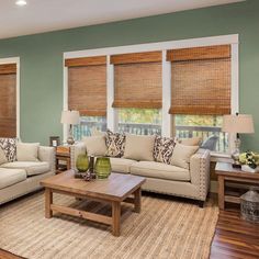 a living room filled with furniture and windows covered in shades of green, white and brown