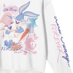 Embrace everlasting love with this adult white Looney Tunes crew neck long sleeve sweatshirt, featuring an adorable image of Lola and Bugs Bunny, complemented by enchanting purple and pink "Always Forever" lettering on the left sleeve. Made with a blend of cotton and polyester, this sweatshirt offers both comfort and durability for everyday wear. White Funny Print Winter Sweatshirt, White Sweatshirt With Funny Print For Winter, White Crew Neck Sweatshirt With Cartoon Print, White Cartoon Print Crew Neck Sweatshirt, White Winter Sweatshirt With Funny Print, Lola Bugs Bunny, Lola And Bugs Bunny, Lola And Bugs, Wb Logo