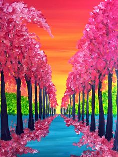 a painting of trees with pink flowers on them