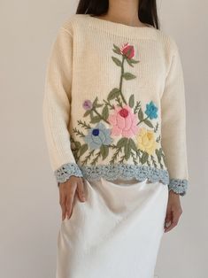 Vintage Embroidered Floral Sweater - S - G O S S A M E R Padded Hangers, Embroidery Sweater, Upcycle Sweater, Modest Skirts, Embroidery On Clothes, Floral Sweater, Vintage Cardigan, Sweater Material, Embroidered Jacket