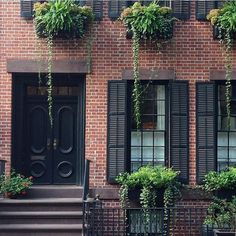 a brick building with black shutters and green plants