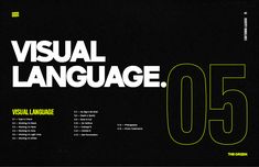 a black and white poster with the words visual language 50 written in yellow on it