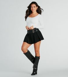 The perfect woven mini skirt to add a playful touch to your style! This high-rise skirt features faux leather double belt accents, creating a chic and sophisticated look, a pleated A-line skater silhouette, and a flirty mini-length hem on woven fabric. Complete the look in a basic top and chic knee-high boots for visiting downtown!Fit & FeaturesHigh-rise waistBack zipper and hook-eye closureFront faux leather double belt accentsPleated A-line skater silhouetteMini-length hemWoven fabric, no Homecoming Dresses Bodycon, Purple Homecoming Dress, Bridesmaid Dresses Satin, Green Homecoming Dresses, Double Belt, Homecoming Outfits, Bachelorette Dress, Pink Homecoming Dress, Cocktail Outfit