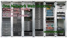 there are many servers in the server rack with one network web hosting logo on it