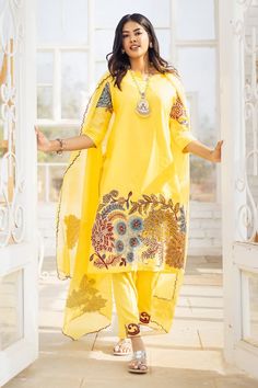 Pastel yellow kurta with hand painted floral kalamkari appliques. Paired with a co-ordinating appliques straight pant and appliqued dupatta with scallop border. - Aza Fashions Yellow Anarkali Palazzo Set With Printed Motifs, Yellow Chanderi Sharara With Printed Motifs, Traditional Yellow Palazzo Set With Printed Motifs, Yellow Palazzo Set With Printed Motifs In Traditional Drape, Yellow Palazzo Set With Printed Motifs And Traditional Drape, Yellow Salwar Kameez With Printed Motifs, Yellow Palazzo Set With Printed Motifs For Navratri, Yellow Sharara With Printed Motifs For Navratri, Navratri Yellow Palazzo Set With Printed Motifs