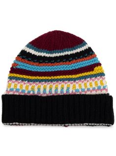 black/multicolour wool knitted construction pinstripe pattern round crown turn-up brim Multicolor Wool Hat For Fall, Multicolor Wool Hats, Multicolor Knitted Wool Beanie, Multicolor Wool Knitted Beanie, Pinstripe Pattern, Beanie Black, Iconic Bags, Demi Fine Jewelry, Wool Beanie