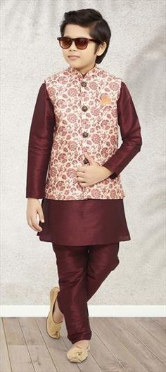 Red and Maroon color Boys Kurta Pyjama with Jacket in Art Silk fabric with Weaving work : 1842917 Red Nehru Jacket With Resham Embroidery For Festivals, Diwali Red Long Sleeve Nehru Jacket, Red Long Sleeve Nehru Jacket For Diwali, Red Long Sleeve Nehru Jacket For Eid, Red Long Sleeve Nehru Jacket For Festivals, Red Long Sleeve Bandhgala For Diwali, Red Long Sleeve Bandhgala For Festivals, Red Long Sleeve Bandhgala For Transitional Season, Red Long-sleeve Transitional Bandhgala