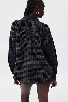 Our new favorite BDG shirt in a button-up, shacket style. Designed in a waffle woven fabric featuring a contrast woven collared neckline, corduroy balloon sleeves and oversized pockets. Only at Urban Outfitters. Features BDG Bryson waffle shirt jacket Oversized button-down Waffle woven fabric Contrast woven collared neckline and contrast corduroy long sleeves Button-up front with contrast placket and oversized, double-breasted pockets Curved hemline Oversized, relaxed fit Regular length Button c Collared Waffle Knit Tops For Fall, Fall Collared Waffle Knit Tops, Fall Waffle Knit Collared Top, Fall Waffle Knit Button-up Tops, Fall Houndstooth Collared Top, Fall Collared Top With Houndstooth Pattern, Trendy Houndstooth Pattern Button-up Outerwear, Trendy Button-up Houndstooth Outerwear, Winter Button-up Tops With Corduroy Collar