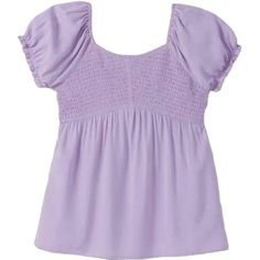 Girls' Solid-Hued Top With A Smocked Front Bodice Short Puff Sleeves With Elastic-Cinched Ruffled Trim Add A Sweet Look Flowy, Lightweight Fabric For Comfortable All-Day Wear Pullover Style Makes Dressing Simple And Easy Pairs Easily With Any Bottom To Create Tons Of Ensembles Solid Color Tops With Smocked Bodice And Short Sleeves, Casual Purple Puff Sleeve Tops, Purple Smocked Top With Smocked Bodice For Summer, Summer Purple Smocked Top With Smocked Bodice, Casual Smocked Short Sleeve Top, Casual Solid Tops With Elastic Sleeves, Fitted Smocked Cute Tops, Short Sleeve Smocked Back Top, Solid Color Summer Tops With Elastic Sleeves