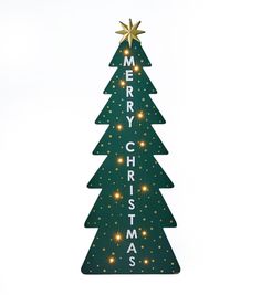 a wooden christmas tree with lights on it's sides and the words merry christmas written in gold