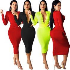 Deep V-neck Bodycon Pencil Slim Evening Party Dress V-neck Bodycon Mini Dress For Dinner, Stretch V-neck Dress For Spring Party, Long Sleeve Bodycon V-neck Party Dress, Summer Party Bodycon V-neck Dress, Summer V-neck Bodycon Dress For Dinner, V-neck Stretch Midi Dress For Party, Midi Length Bodycon Dress For Club And Party Season, Party V-neck Long Sleeve Stretch Dress, Fitted V-neck Midi Dress For Club