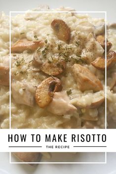 a white plate topped with risotto and mushrooms