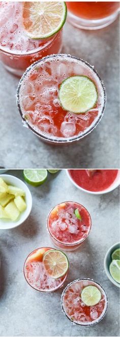 three different shots with limes and watermelon in them