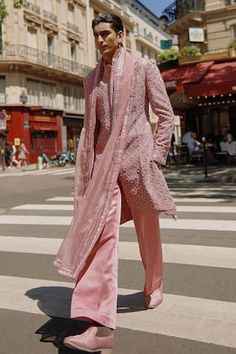 Pink sherwani with embroidered floral checkered motifs, embellished by beads and sequins. Comes with inner kurta, pant and dupatta. - Aza Fashions Pink Sherwani, Kaftan Kurta, Kurta Lehenga, Prince Coat, Crystal Work, Modern Groom, Waistcoat Woman, Wedding Sari, Pink Embroidery