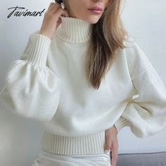 Tavimart Women's Loose Knitted Sweater Pullovers for Fall and Winter Solid Color Full Puff Sleeve High Neck Skinny Short Casual Sweaters Grunge Baggy, Low Waisted Pants, Harajuku Grunge, Cargo Pants Streetwear, Color Full, Sweater Brands, Low Waisted, Khaki Color, Denim Trousers