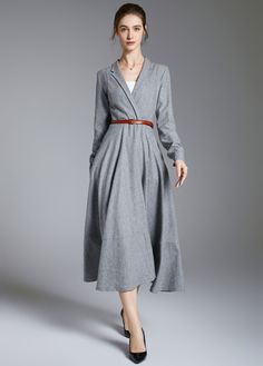 Gray Wool Dress Wool Midi Dress Long Sleeve Wool Dress - Etsy Modern Dresses For Women, Wool Dress Winter, Winter Wool Dress, Midi Dress Long Sleeve, Charcoal Grey Dress, Wrap Dress Styles, Whimsical Dress, Chiffon Maxi Skirt, Cottagecore Outfits