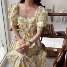 Summer Women's Dress Vintage Printed Loose Sweet Dresses Puff Sleeve High Waist Square Collar Sundress Korean Style New Cute Square-neck Puff Sleeve Dress For Spring, Casual Summer Puff Sleeve Dress, Yellow Puff Sleeve Dress For Spring, Casual Yellow Puff Sleeve Dress, Yellow Puff Sleeve Dress For Summer, Casual Yellow Puff Sleeve Midi Dress, Cute Square Neck Midi Dress For Summer, Cute Summer Midi Dress With Square Neck, Cute Square Neck Summer Midi Dress