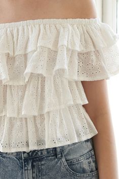 A woven eyelet off shoulder top Details: Self : 100% Cotton Size & Fit - Model is 5`9" And Wearing Size Small- Measurements Taken From Size Small- Approx. Length: 12 1/2" White Off-shoulder Top With Ruffles For Day Out, White Ruffled Off-shoulder Top For Day Out, Spring Cotton Off-shoulder Top With Ruffles, White Eyelet Blouse For Summer, Summer White Cotton Off-shoulder Top, Spring Ruffled Off-shoulder Top With Short Sleeves, White Cotton Off-shoulder Top For Summer, White Short Sleeve Off-shoulder Top For Spring, White Off-shoulder Short Sleeve Top For Spring