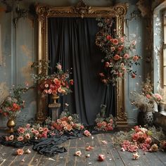 a room with flowers on the floor and an old mirror in it's corner