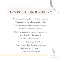 a white card with the words reason to consider therapy