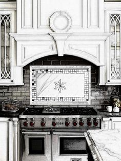 a drawing of a kitchen with an oven, stove and countertop area in black and white