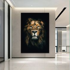 a lion's face is shown on the wall in an empty room with white tile flooring