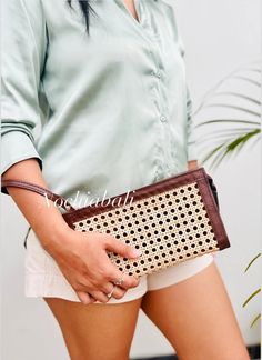 Leather Rattan Purse, Cane Webbing Clutch, Handmade Summer Purse, Genuine Leather, Gift for Her - Etsy Indonesia Summer Woven Leather Straw Pouch Bag, Summer Pouch Straw Bag With Woven Leather, Brown Straw Bag For Summer Gift, Brown Leather Clutch With Braided Handles For Daily Use, Casual Natural Rectangular Clutch, Handwoven Brown Clutch For Travel, Handmade Brown Handheld Clutch, Natural Woven Clutch For Everyday Use, Natural Clutch With Braided Handles For Summer