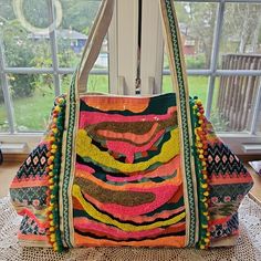 America & Beyond Embellished Multi-Colored Hand Beaded Tote Shoulder Bag. In New Condition. Wide Opening Lack On Side To Close With Snap Multicolor Beaded Bags For Summer, Summer Multicolor Beaded Bag, Bohemian Embellished Bags For Vacation, Bohemian Embellished Bag For Vacation, Multicolor Beaded Tote Shoulder Bag, Multicolor Beaded Vacation Bag, Pink Beaded Tote Bag, Summer Embellished Bags For Everyday Use, Embellished Everyday Summer Bags