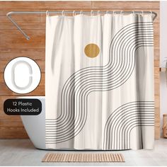 a shower curtain with an abstract design in black and gold on the side, next to a toilet