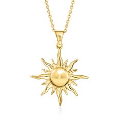 Ross-Simons - Italian 18kt Gold Over Sterling Sun Pendant Necklace. 18". Shine under your very own Tuscan sun! Direct from Italy, this 18kt yellow gold over sterling silver sun pendant necklace is a stylish symbol of energy, positivity and power. Suspends from a cable chain with a 2" extender. Lobster clasp, 18kt gold over sterling sun pendant necklace. Sun Themed Jewelry, Sun Necklace Silver, Gold Sun Jewelry, Apollo Necklace, Sun Pendant Gold, Mlp Redesigns, Gold Sun Necklace, Italian Necklace, Wedding Moodboard