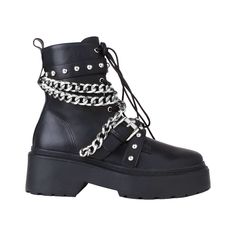 Let's bring rock n' roll vibe back with EMELIE. Bold chain with buckle punctuates this lug sole boot with stylish feel to bring out your edgy appeal. Wear them with cropped jeans, skirts, or tights. Vegan leather upper with man made sole Side zipper closure Heel measures approx. 2.5" H Platform measures approx. 1.5" H Imported High Ankle Lace-up Boots With Platform, Trendy Ankle-high Wedge Boots With Reinforced Heel, Trendy Synthetic Heeled Boots With Lug Sole, Fall Wedge Boots With Leather Sole And Round Toe, Winter Leather Moto Boots, Leather Moto Boots For Winter, Trendy Ankle-high Wedge Boots With Lug Sole, Trendy Lace-up Medium Width Platform Boots, High Ankle Lace-up Platform Boots Medium Width