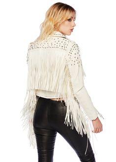 western fringe jacket White Fringe Leather Jacket, Grass Dance Outfits, Shaggy Jacket, Fringe Clothing, Classy Coat, Velvet Flare Pants, Rock Vintage, Suede Fringe Jacket, Velvet Flares