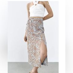 Size Xl. Nwt High-Waisted Midi Skirt With Contrasting Ring Detail Sash. Front Slit At Hem. Back Hidden In-Seam Zip Closure. Very Soft And Lightweight. Sand / Blue Waist: 18" Laying Flat Length: 32" Skirt Has A 15" Slit Print Midi Skirt, Skirts Midi High Waisted, Zara Skirts, Printed Midi Skirt, Women Skirts Midi, Zebra Print, Midi Skirt, Womens Skirt, Zara