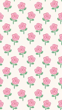 a pink rose pattern on a white background with green stems and leaves in the center