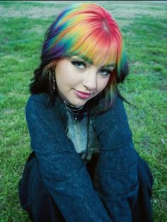 Not my hair @ kaysonplatt on ig Black Hair With Bright Colors, Vibrant Color Hair Ideas, White Tipped Hair, Hair Color Mapping, Rainbow Hair Inspiration, Roots Colored Hair, Rainbow Roots Black Hair, Color Ideas For Short Hair, Multiple Color Hair