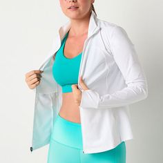 This Xersion women's tall lightweight softshell jacket is the perfect layering piece for casual and active days. It's crafted from knit fabric for a regular-fit and features a mock neck, long sleeves with thumb holes, two side slip pockets, a mid-length, and a front zipper closure. Features: Thumb HoleClosure Type: ZipperFit: Regular FitNeckline: Mock NeckPockets: 2 Side Slip PocketsSleeve Length: Long SleeveWarmth Factor: LightweightApparel Length: 27.5 InchesOuterwear Length: MidFiber Content… Functional White Track Jacket For Workout, White Functional Track Jacket For Workout, White Spring Track Jacket For Workout, White Track Jacket For Spring Workout, White Activewear For Light Sports In Fall, White Stretch Outerwear For Sports, White Stretch Track Jacket For Gym, White Stretch Track Jacket For Workout, White Stretch Sporty Track Jacket