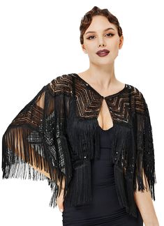 PRICES MAY VARY. Material: high quality polyester with sequins and long fringes. Size: One Size fits most. Feature: Bright color, sparkling sequin embellishments, double-layer fringes, clasp closure. Design: With the similar tones of cloth with sequins and irregular tassels, the Roaring 20s appears on this shawl. Perfect match for a cocktail dress or a party costume. Occasion: Stylish outfit for daily wear, also can be wore as a vintage 1920s flapper outfit for a special event such as Gatsby the Flapper Outfit, The Roaring 20s, Gatsby Headband, Cape For Women, 20s Fashion, Long Fringes, Roaring 20s, Fancy Dresses Party, Pashmina Scarf