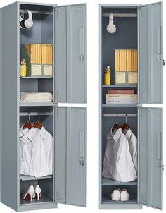 two gray lockers with shirts and shoes on the bottom, next to each other