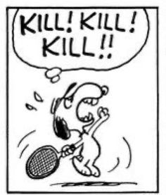 a cartoon drawing of a dog with a tennis racket in its mouth and the words kill kill written above it