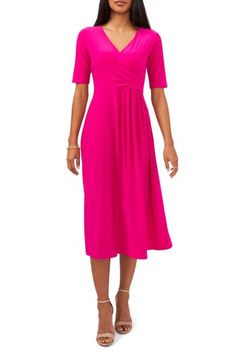 Simple and classic, this midi dress styled with a surplice neck and elbow-length sleeves is easy to accessorize for work or the weekend. 46 1/2" length Surplice V-neck Elbow-length sleeves Unlined 95% polyester, 5% spandex Machine wash, tumble dry Imported Professional Dress For Women, Pink Martini, Midi Dress Style, Belted Midi Dress, Wrap Midi Dress, Mothers Dresses, Flattering Dresses, Sleeve Midi Dress, Long Sleeve Midi