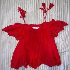 Nwot. Had In My Closet For A Bit And Just Haven’t Reached To It. Trying To Downsize And Deciding To Part With It. Adorable Flowy Top With Off The Shoulder Sleeves And Tassel String Ties. Detailed Embroidery Design. Red Off-shoulder Blouse For Party, Red Lace Trim Tops For Spring, Red Embroidered Holiday Tops, Red Off-shoulder Blouse For Spring, Summer Embroidered Red Blouse, Red Embroidered Summer Blouse, Sleeveless Tops For Spring Holiday, Embroidered Red Blouse For Vacation, Red Bohemian Tops With Lace Trim