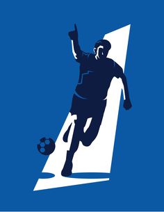 a man kicking a soccer ball in front of a blue background with the word,'football