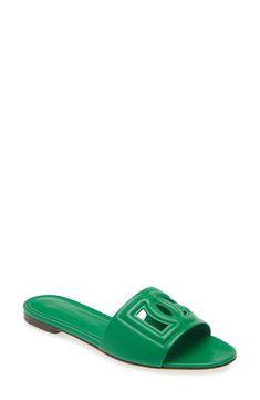 This versatile slide sandal is topped with a dimensional DG logo for added volume. Leather upper, lining and sole Imported Women's Designer Shoes Green Flat Sandals With Leather Sole, Green Open Toe Slippers With Rubber Sole, Green Open Heel Sandals With Rubber Sole, Green Leather Flat Slides, Designer Open Toe Sandals With Rubber Sole, Luxury Green Open Toe Sandals, Green Flat Slides With Removable Insole, Designer Open Toe Slides For Beach, Designer Open Toe Slides For Vacation