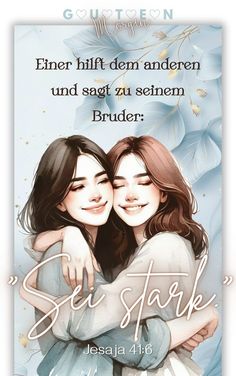 two girls hugging each other with the words sei stak written in white and blue