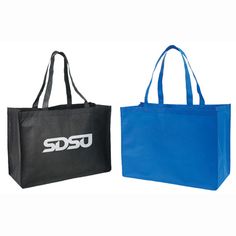 This tote features a massive main compartment that makes it a great giveaway or outdoor bag. Customize with your logo and let the super size tote do your promoting for you. Custom Non-Woven Super Size Tote Bag in Royal | Totes | Non-Woven Totes Practical Rectangular Bag With Reinforced Handles, Recyclable Tote Bag For Outdoor Activities, Practical Rectangular Recyclable Bags, Practical Recyclable Rectangular Bags, Eco-friendly Rectangular Bags For Outdoor Activities, Black Rectangular Recyclable Bag, Black Rectangular Recyclable Bags, Outdoor Bag, Woven Tote Bag