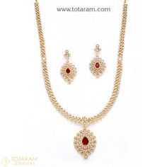 18K Gold Long Diamond Necklace & Drop Earrings Set with Color Stones - 235-DS749 - Buy this Latest Indian Gold Jewelry Design in 104.400 Grams for a low price of  $18,180.60 Luxury Ruby Necklaces With Diamond Accents, Luxury Ruby Necklace With Diamond Accents, Formal Diamond Jewelry With Stones, Fine Jewelry With Stones For Formal Occasions, Fine Jewelry With Stones For Formal Events, Formal Pendant Jewelry With Stones, Classic Ruby Necklaces For Formal Occasions, Temple Jewelry Style Cubic Zirconia Necklaces, Classic Formal Necklace With Stones