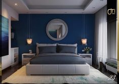 a bed room with a neatly made bed and a round mirror on the wall above it